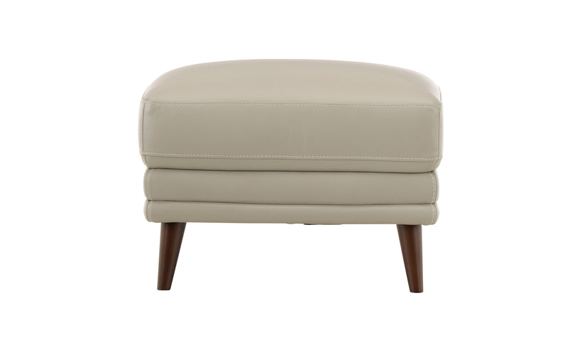 Beige ottoman with wooden legs on a white background